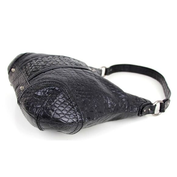 Elliott Lucca WOVEN BLACK GENUINE LEATHER CROCO PRINT SHOULDER BAG HANDBAG HOBO - Picture 7 of 15
